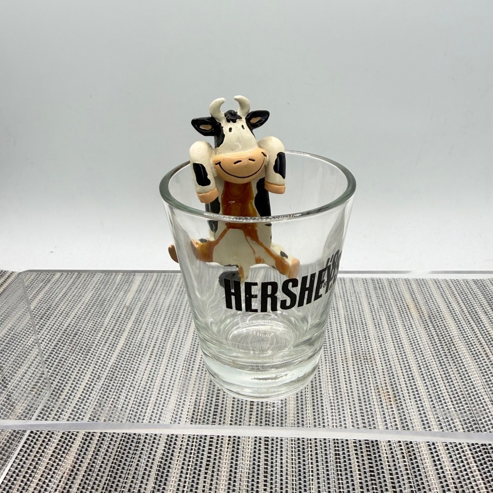 Hershey's Chocolate World Shot Glass 3D Hanging Cow Figure Souvenir Clear Glass